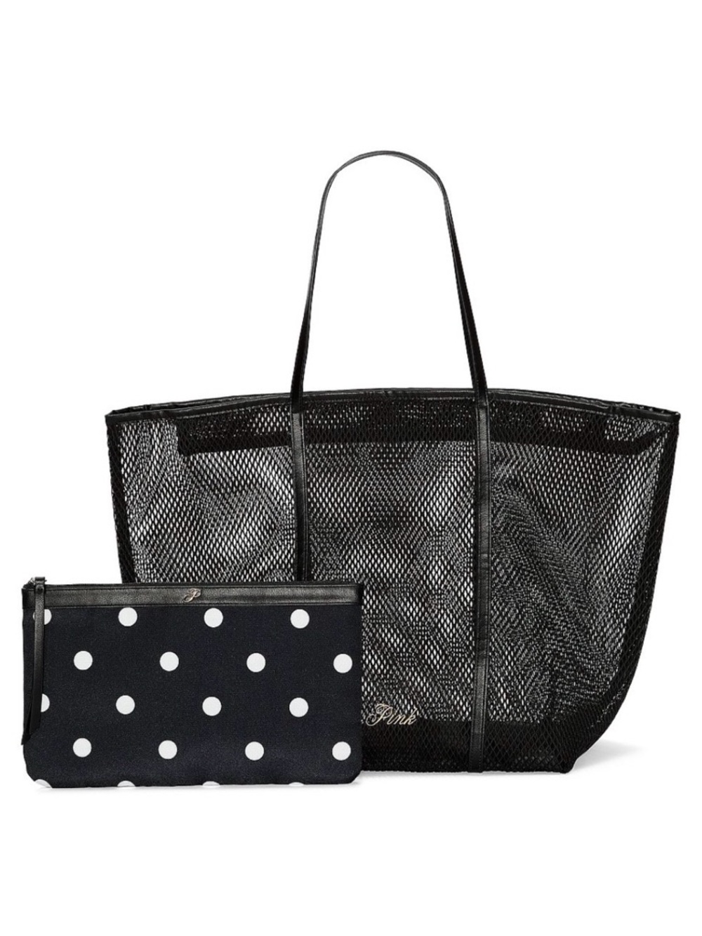 NWT Victoria secret 2 pc set black mesh beach bag tote & pouch 14.5”x9.3”x9.8”